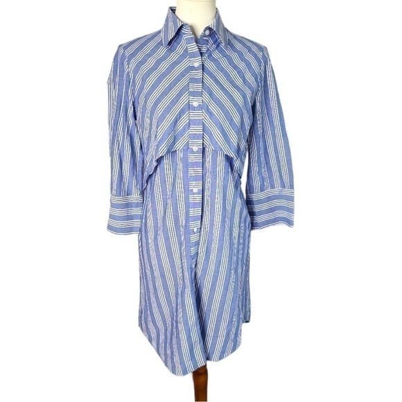 KAL Rieman Striped Cotton Tiered Shirt Dress Blue Small S - Picture 4 of 10
